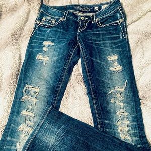 Miss Me jeans. Straight Size 26, 33 Length. Dark wash with faux distressing.